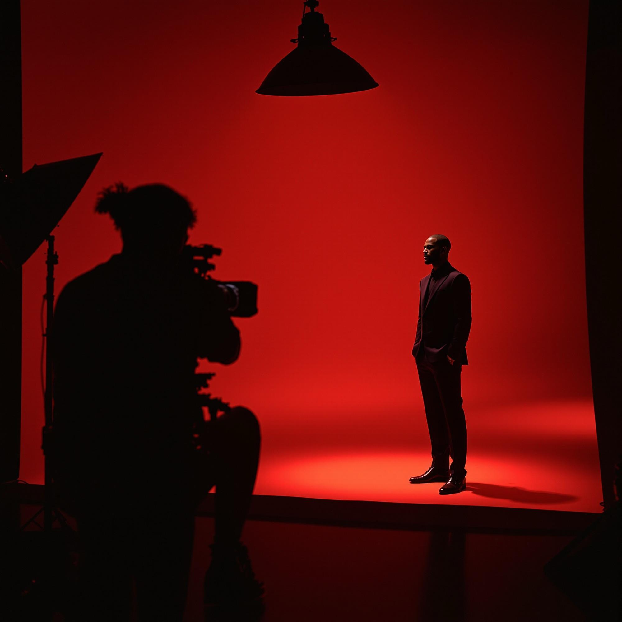 Set fotografico con fondale rosso, un operatore e un testimonial in abito scuro