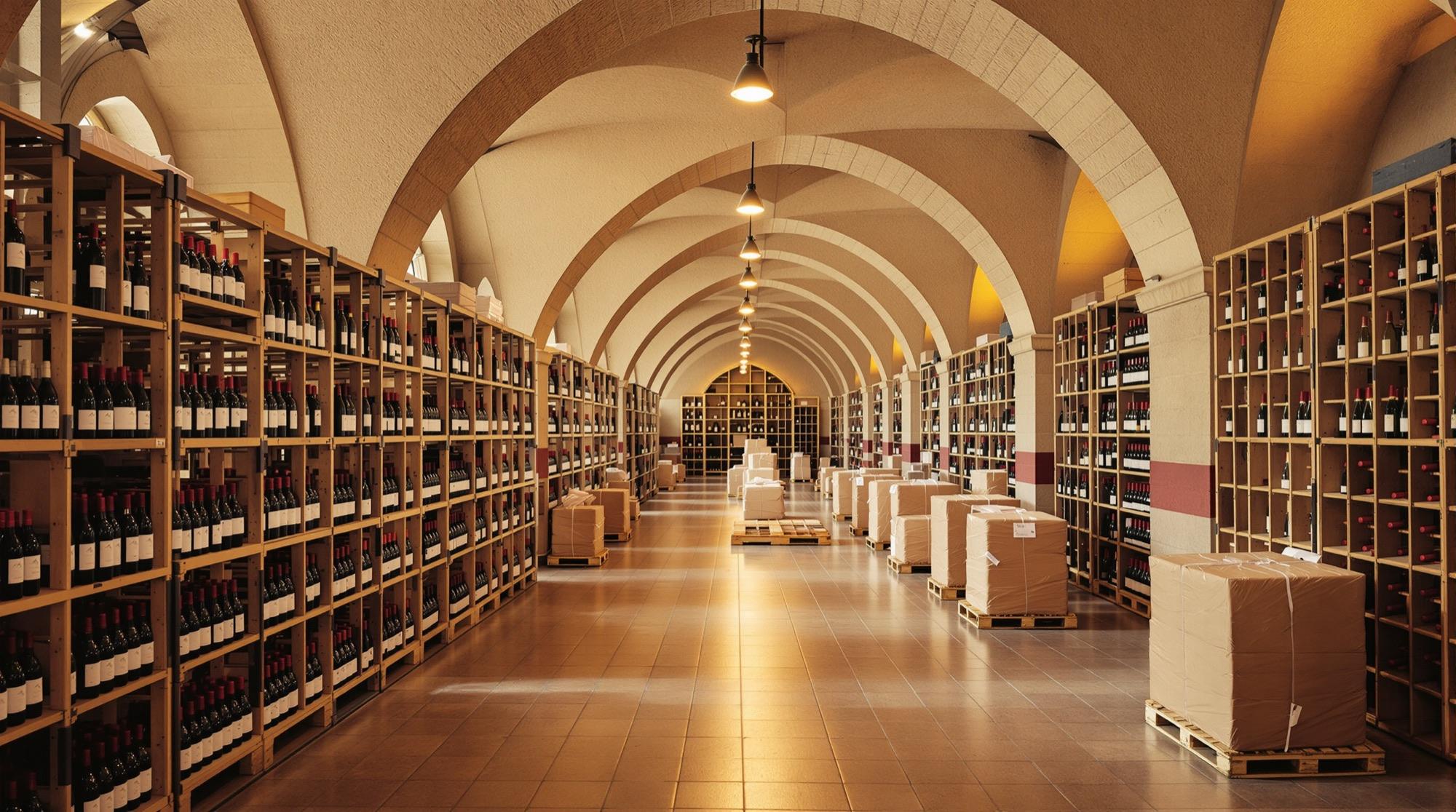 Cantina con file di casse di vino e bancali pronti per la spedizione