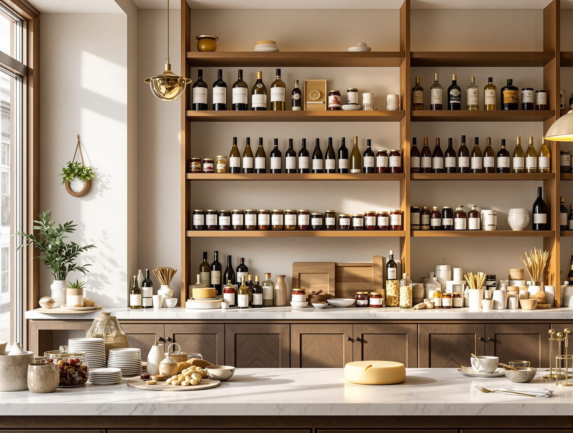 Scaffali di un'enoteca con vini, conserve e olio