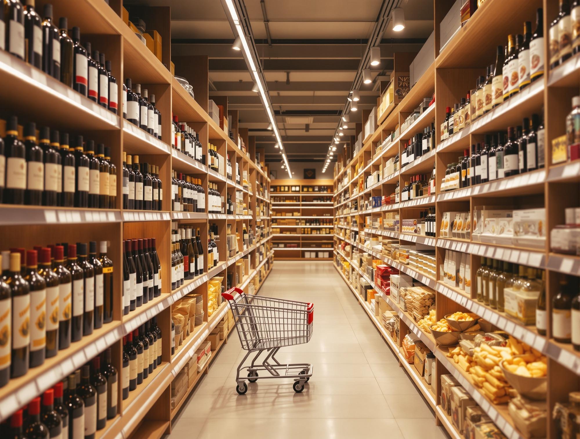 Corsia di un supermercato con scaffali di vini, olio e pasta