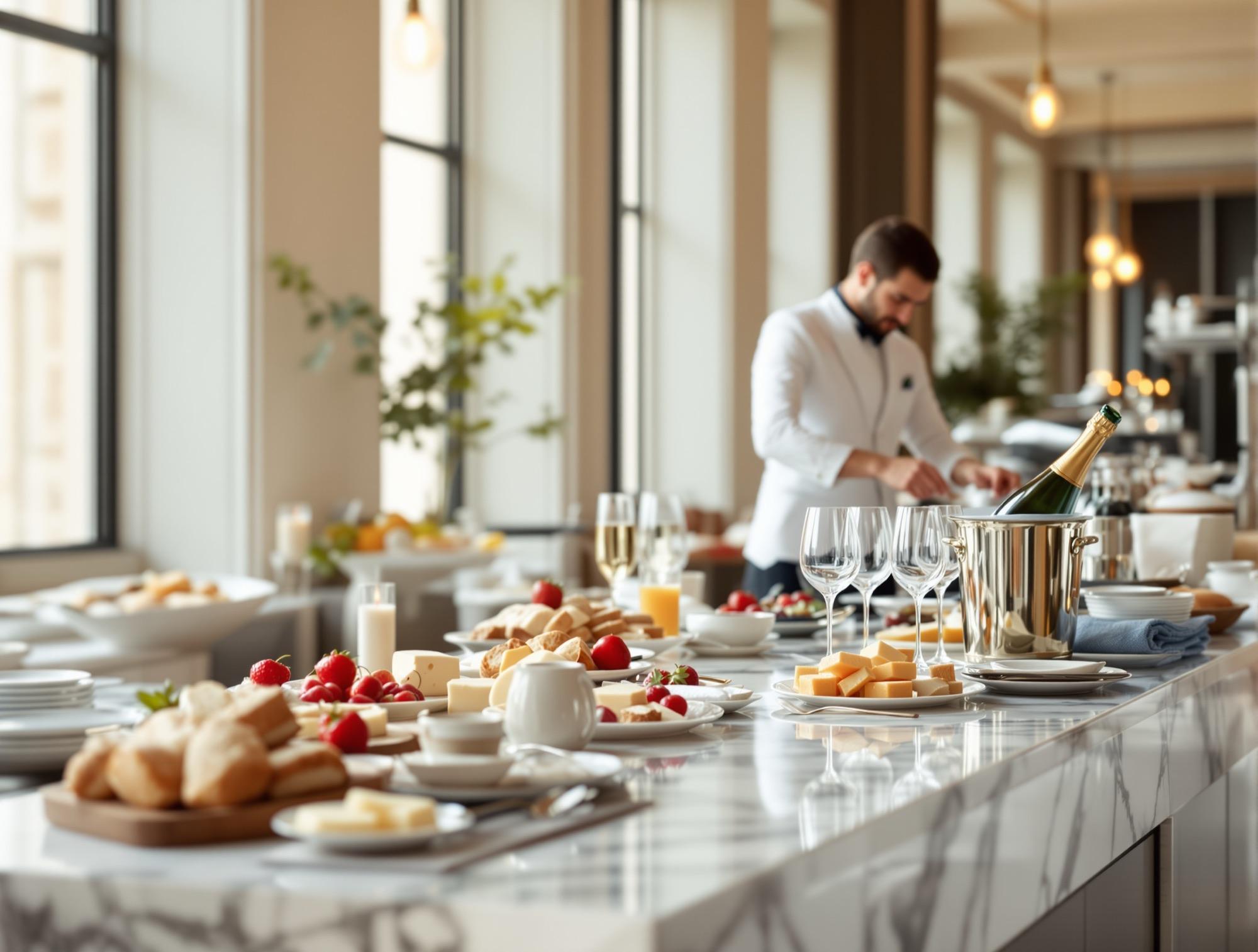 Buffet di un hotel con pane, formaggi e una bottiglia di spumante in ghiaccio