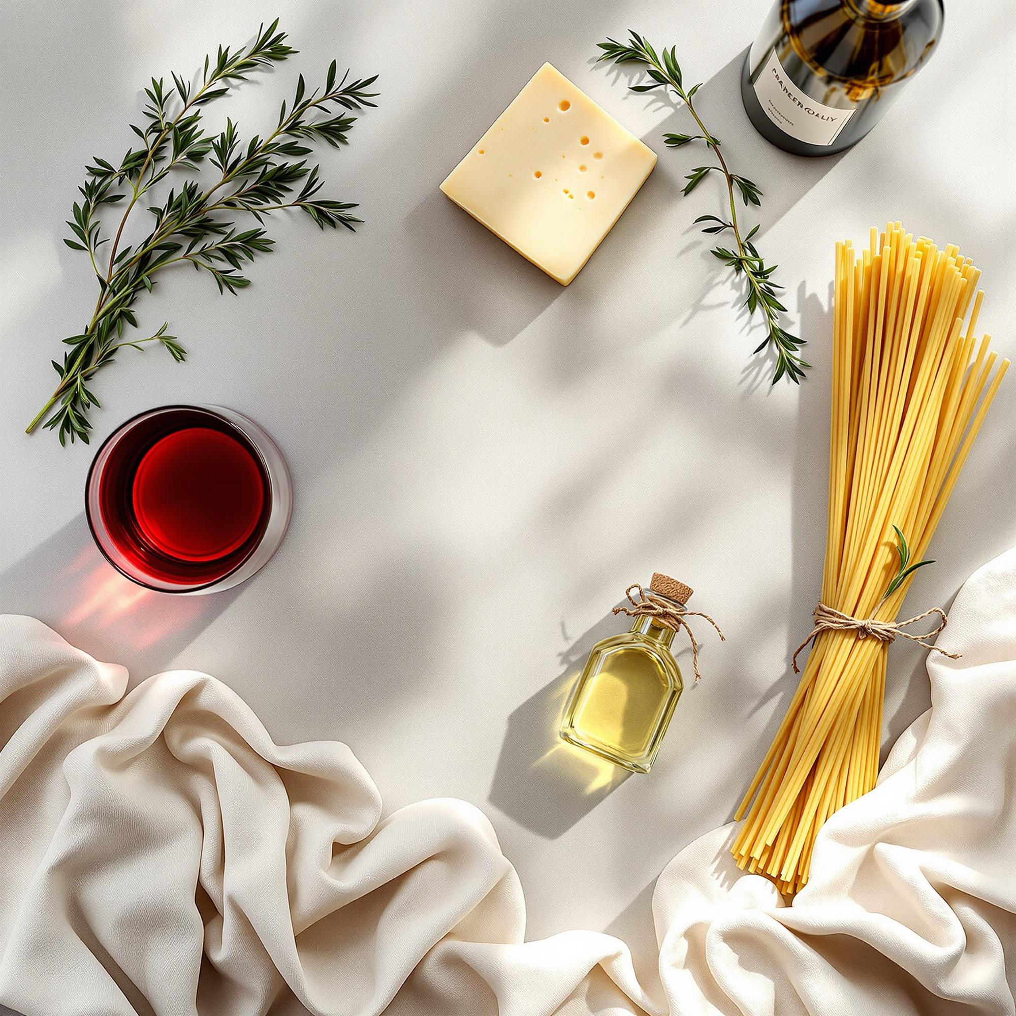 Formaggio, olio, pasta e un calice di vino rosso su una pietra chiara