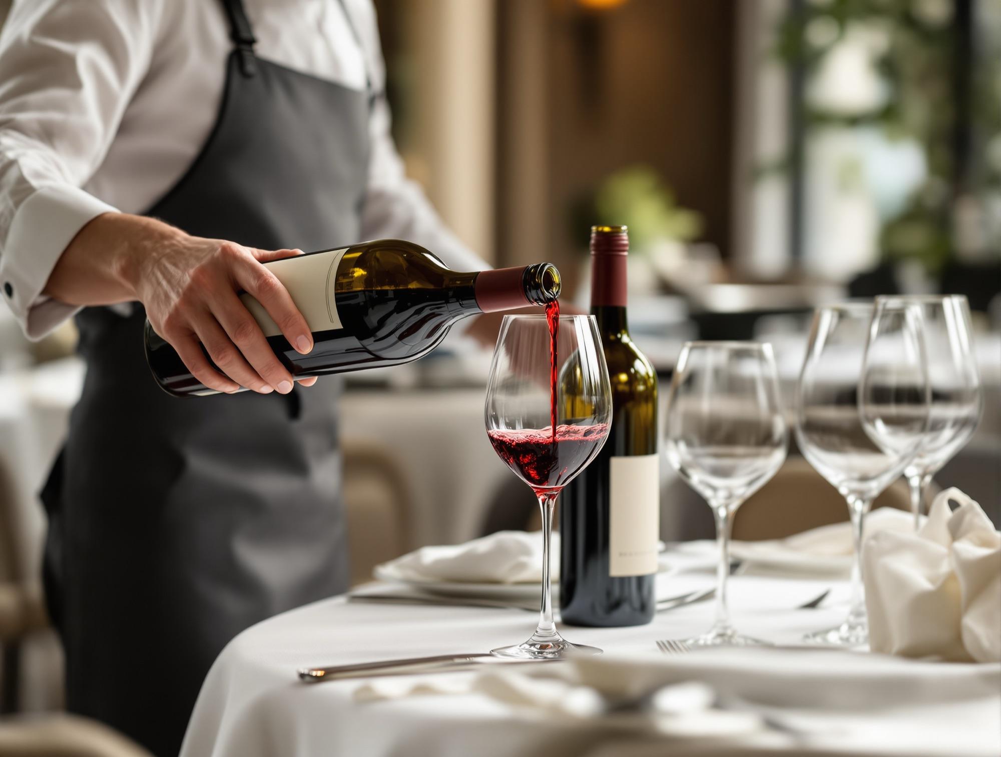 Un sommelier versa del vino rosso al tavolo di un ristorante