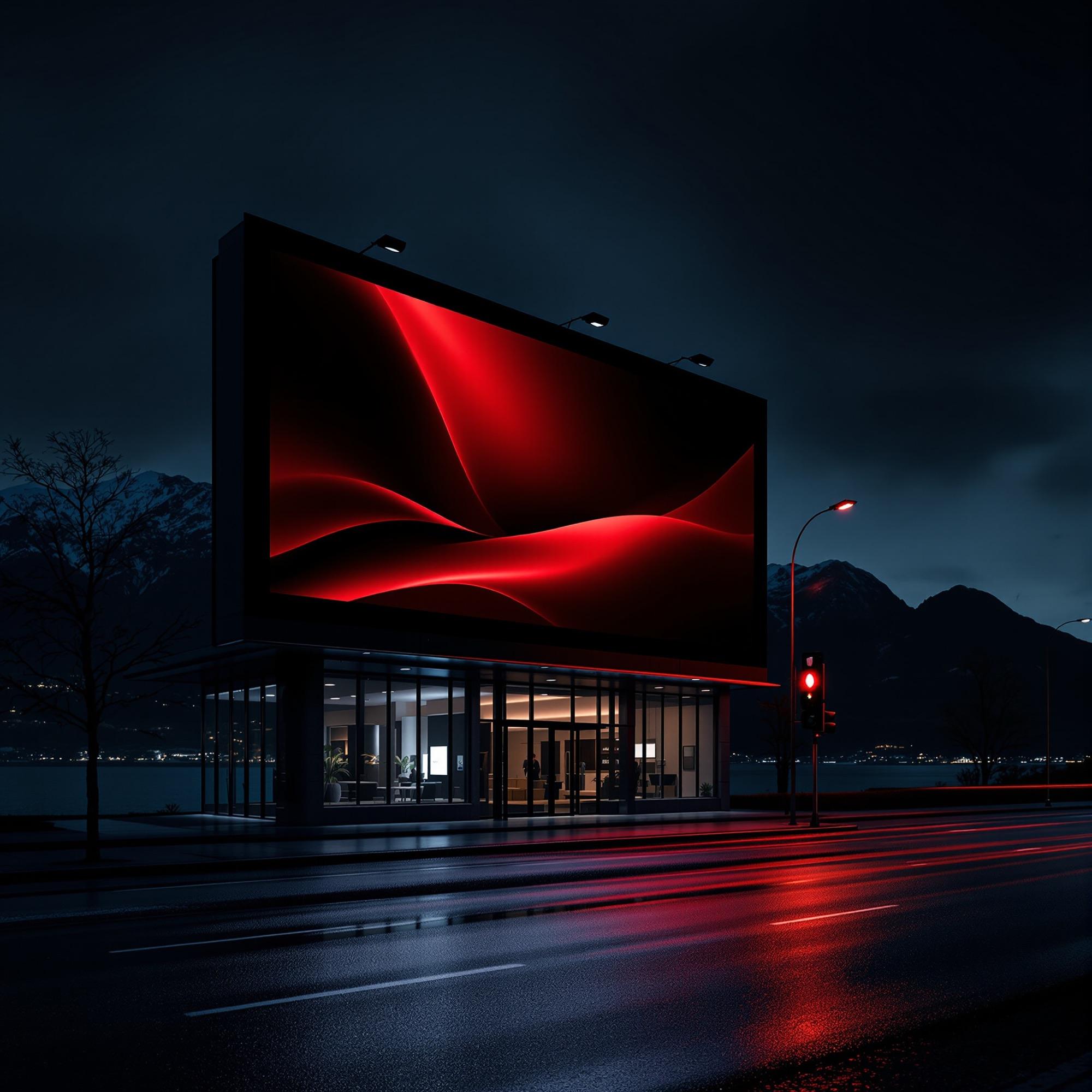 Maxischermo pubblicitario illuminato di rosso su una via lungolago di notte